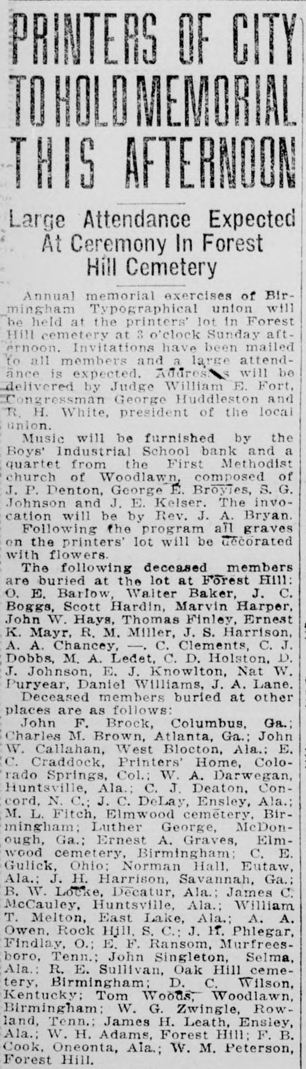 Printers of City To Hold Memorial This Afternoon